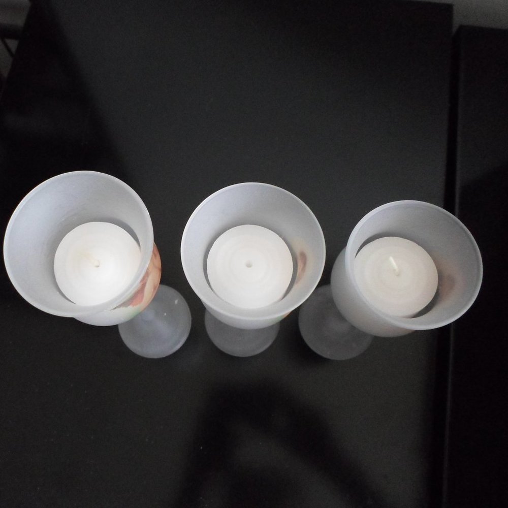Frosted Stemmed Glass Cherub Candleholders – Set of 3 - Picture 5 of 5